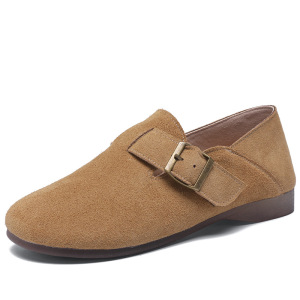 真皮单鞋春秋新款复古一脚蹬乐福鞋圆头四季勃肯鞋平底懒人鞋