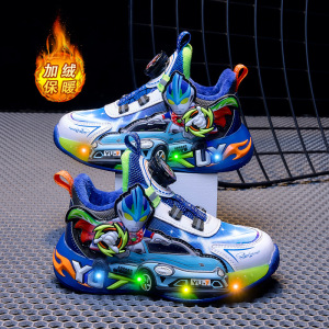 男童运动鞋秋冬新款皮面儿童鞋子加棉保暖带灯宝宝男孩发光鞋