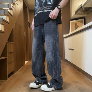 磨白宽松直筒港风牛仔裤男基础款百搭多色松紧水洗拖地牛仔裤男式