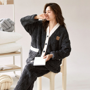 女士睡衣秋冬季珊瑚绒加厚长袖和服甜美宽松保暖绒休闲家居服套装