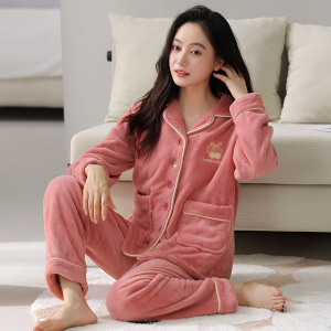 珊瑚绒睡衣女款秋冬季加绒加厚法兰绒冬款女士大码家居服冬天套装