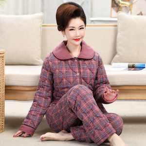 夹棉棉中老年中年外穿季加厚三层保暖妈妈宽松套装家居服睡衣女冬