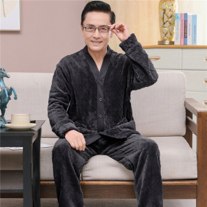 秋冬季大码保暖法兰绒睡衣男士胖子加肥加大长袖宽松中老年家居服