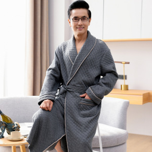 睡袍男士睡衣秋冬季加厚纯棉中老年爸爸夹棉夹层浴袍浴衣长款保暖