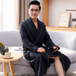 睡袍男士睡衣秋冬季加厚纯棉中老年爸爸夹棉夹层浴袍浴衣长款保暖