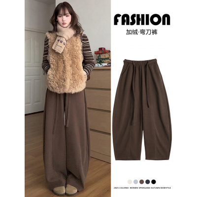 咖色灯芯绒裤女秋冬季新款加绒宽松大码梨形报恩阔腿裤子_563_919