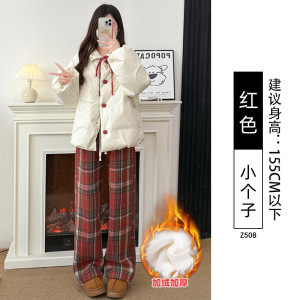 红色毛呢格子裤子女秋冬加绒新款垂感小个子宽松直筒阔腿长裤