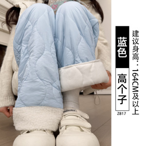 蓝色加绒阔腿裤女秋冬季加厚保暖东北棉裤小个子休闲防风直筒裤子