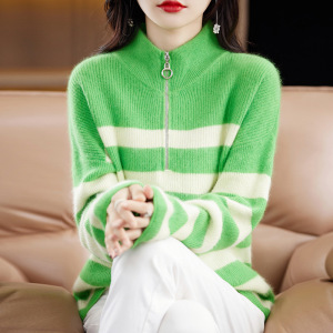 貂绒条纹毛衣秋冬新款女士半高领打底衫甜美风半拉链貂绒衫