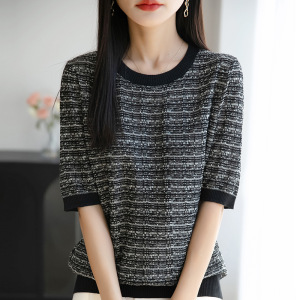 夏季女装新款女士针织衫莱塞尔天丝圆领薄款拼色短袖女T恤女