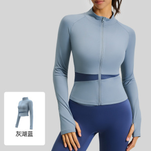 拼色瑜伽外套瑜伽服高领修身显瘦裸感健身上衣女