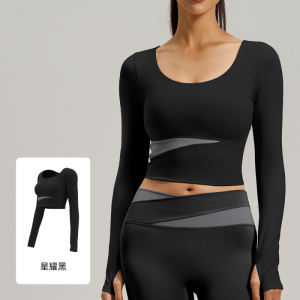 蜜桃拼色长袖瑜伽服上衣裸感显瘦运动跑步健身上衣女