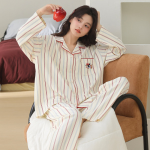 100%纯棉睡衣女款春夏长袖高级简约条纹可外穿全棉女士家居服套装
