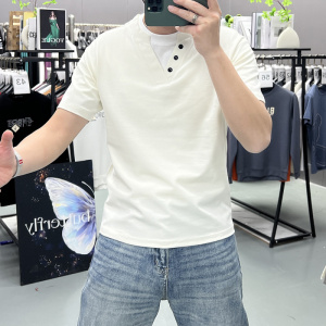 夏装新款高货短袖T恤男士半袖打底衫假两件扣子半袖潮流男装上衣