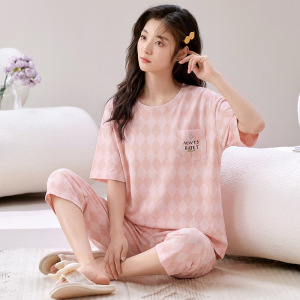 2026新款带胸垫女士睡衣夏季棉质短袖薄款加大码七分裤家居服套装