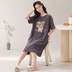 夏季新款带胸垫睡衣女士圆领棉质短袖睡裙中长款休闲卡通款家居服