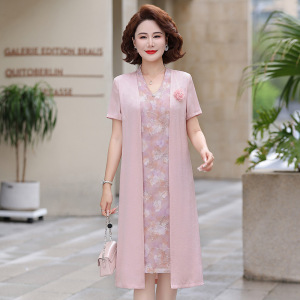 2026年女装新款妈妈连衣裙气质婆婆装中老年短袖长裙子女夏季衣服