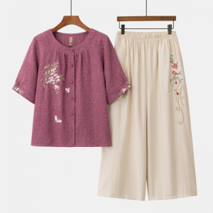 中老年女装休闲套装40-60岁中年妈妈装短袖刺绣款衣服50岁夏装