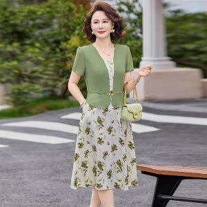 中老年妈妈装连衣裙时尚女装大码修身长裙子夏季短袖雪纺薄长裙女