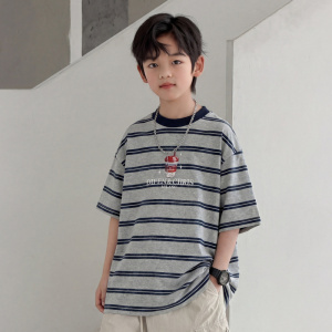 男童夏季短袖T恤2026新款中大童夏装上衣痞帅潮t儿童夏款半袖条纹