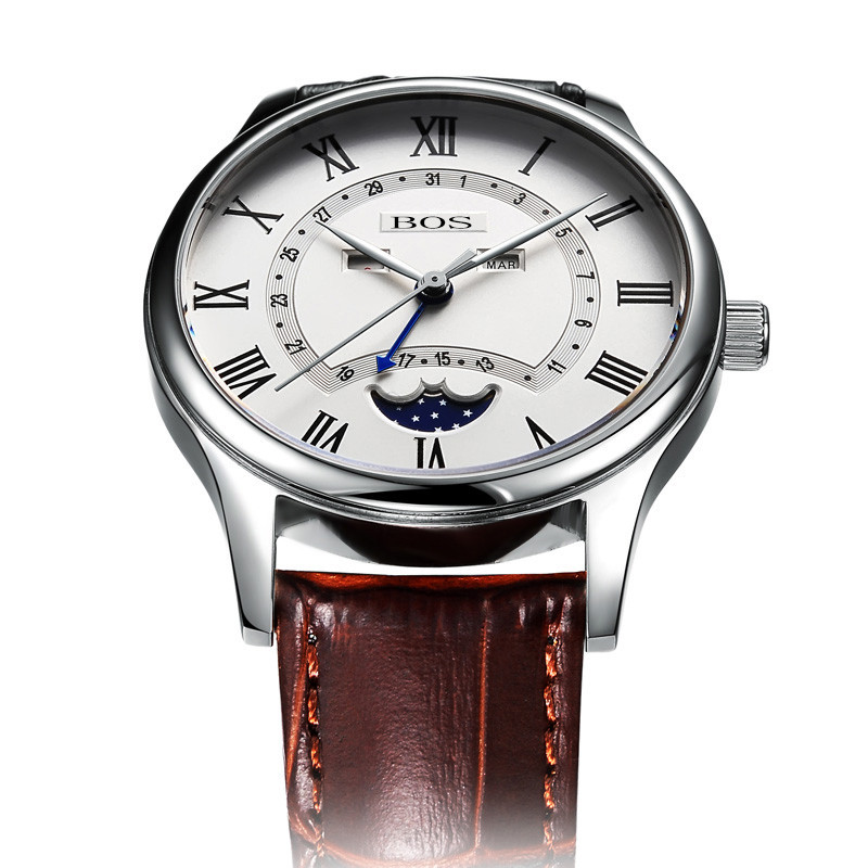 宝斯bos 多功能防水月相月份日历 石英钢皮带男士手表