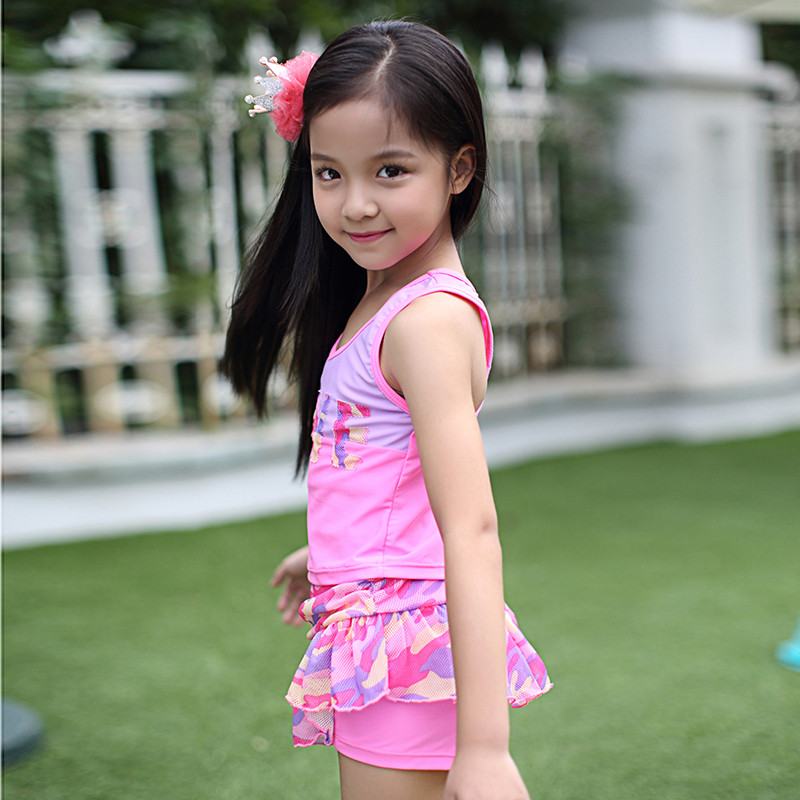 儿童泳衣 三件套 女孩分体裙式平角裤防晒衫可爱公主小童中童大童沙滩