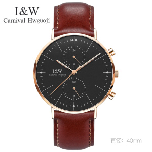 嘉年华CARNIVAL休闲时尚手表石英表 男士夜光防水男表多功能精钢真皮手表设计弧形镜面表英伦风I&W8787G-5皮带