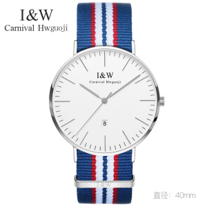 嘉年华CARNIVAL手表纤薄石英表 男士休闲时尚简约大表盘防水男表专柜同款英伦风腕表织物带日历款I&W 8757G-3