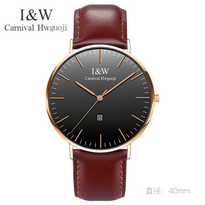 嘉年华CARNIVAL手表石英表 男士表女表纤薄防水日历手表简约休闲时尚英伦风真皮手表日历I&W 8757G-3黑面光面