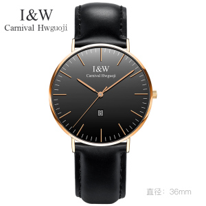 嘉年华CARNIVAL手表石英表 男士表女表纤薄防水日历手表简约休闲时尚英伦风真皮手表日历I&W 8757G-3黑面光面