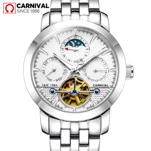 瑞士嘉年华Carnival手表新款自动机械表 男士金属精钢防水镂空男表休闲时尚多功能表星期日历月份夜光显示8728