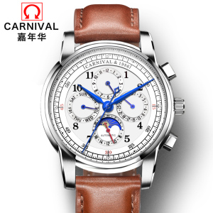 瑞士嘉年华Carnival新款手表男全自动机械表 男表多功能真皮带防水复古休闲时尚商务腕表潮流六针皮表带升级8781-1