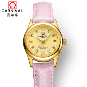 瑞士嘉年华CARNIVAL手表 新款全自动机械表 女士日历夜光防水女表休闲时尚商务手表金属精钢表带品牌女神表183-女款