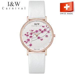 瑞士进口原装嘉年华Carnival手表新款 IW梅花系列石英表 女表纤薄时尚镶钻腕表真皮皮带防水女士手表3002G