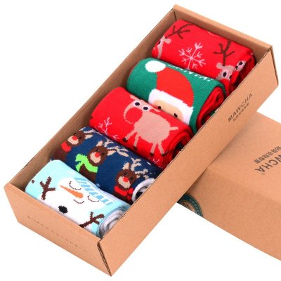 Mawcha5双装棉袜情侣袜圣诞袜麋鹿雪花中筒棉男女情侣袜混色5双装均码