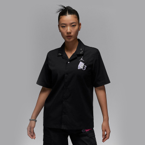 Jordan耐克女子纽扣短袖衬衫夏季运动宽松背标图案T恤HF6421-010