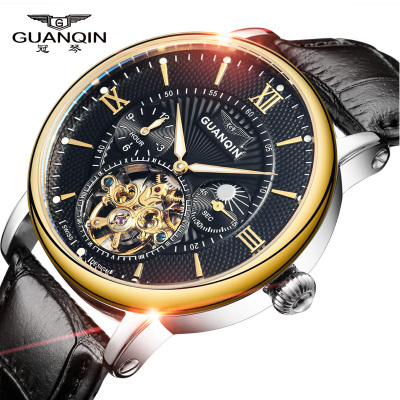 冠琴男士手表全自动机械表精钢防水夜光镂空飞轮皮表带男表潮表