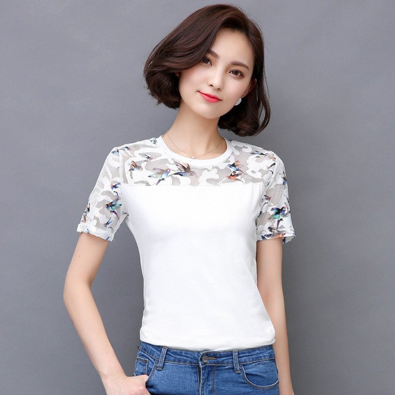 莲香情2016夏季白色短袖t恤女修身百搭蕾丝网纱上衣印花体恤-1