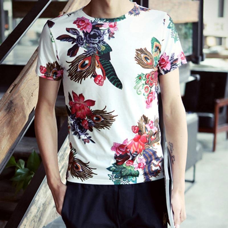 尊首(zunshou)夏季男短袖潮花t恤男士碎花色体恤韩版花纹大码修身v领