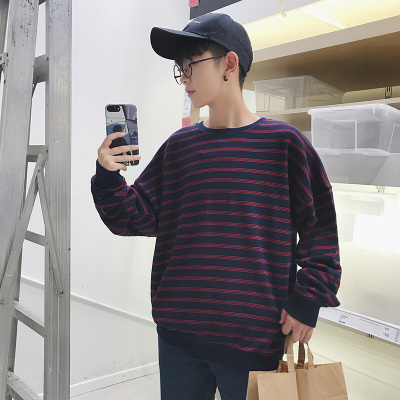 步来褶惠2017秋季新款条纹套头男式卫衣夏