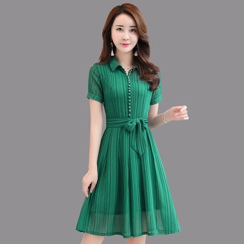 雪纺连衣裙女夏季2017新款韩版时尚修身收腰显瘦淑女中长a字裙子