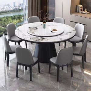 青木川 简约现代实木餐桌椅组合客厅餐厅家用小户型带转盘圆桌微晶石圆形吃饭桌子