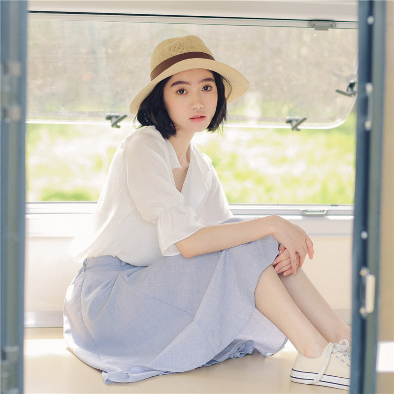 娇米诗2018夏季棉麻小清新文艺范女神纯白波浪边半袖上衣t恤天鹅丝