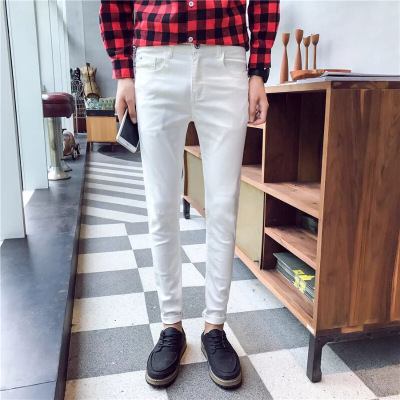有衣有靠裤子男秋冬季青少年白色牛仔裤韩版男士九分修身小脚裤白色时尚休闲潮裤白色