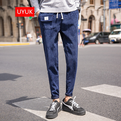 UYUK男士休闲裤2017秋冬青少年修身小脚灯芯绒裤子男日系复古休闲男生哈伦裤男潮