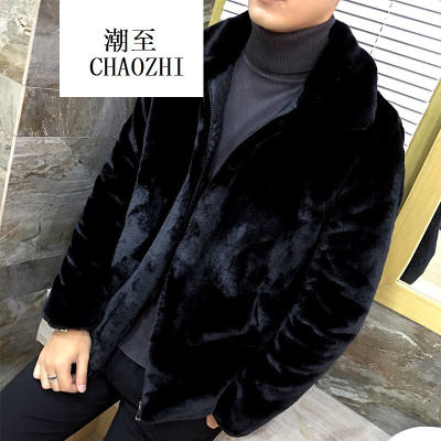 2017新款男士大码仿皮草外套男潮流加绒加厚翻领毛毛棉衣时尚百搭潮流男装黑色