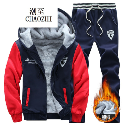 2017新款男士大码冬季保暖连帽韩版棉衣潮加绒加厚卫衣加毛拼套装时尚百搭潮流男装