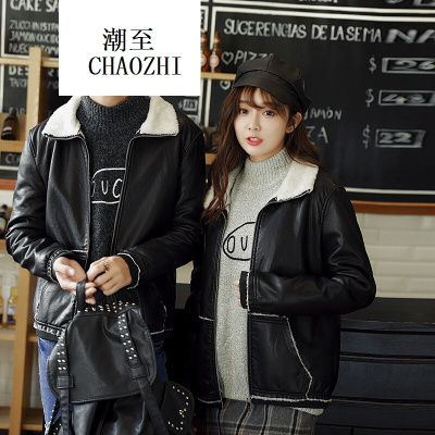 2017新款男士大码皮棉衣男士翻领毛领字母皮衣外套夹克时尚百搭潮流男装黑色