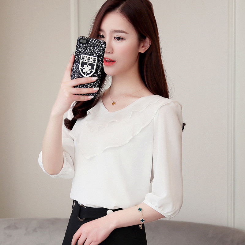 情娇婷2017雪纺衫女春显瘦七分袖百搭女装上衣荷叶边雪纺打底衫