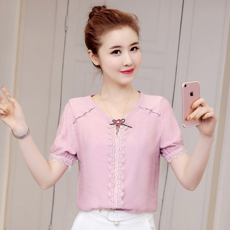 琳朵儿2017夏季新款女装韩范清新女士宽松上衣短袖花边雪纺衫